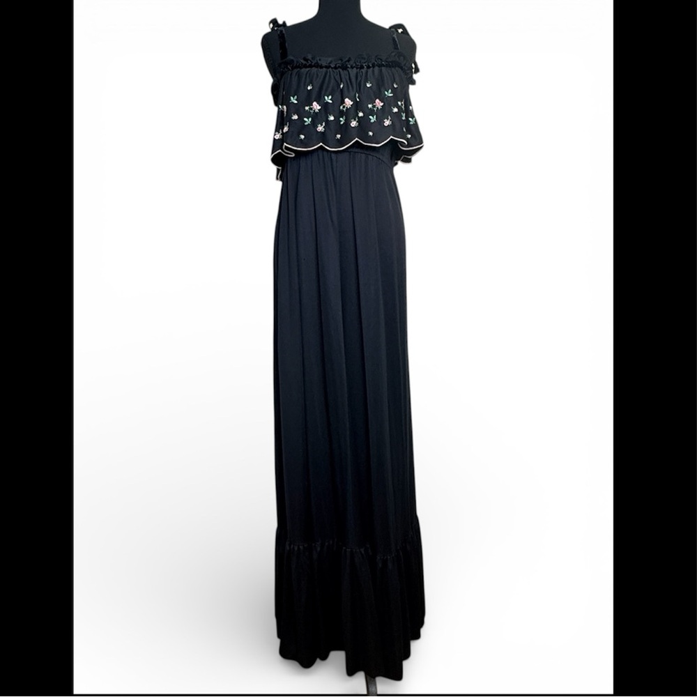 Vintage Vicky Vaughn Black Floral Embroidered Ruffle Maxi 70s